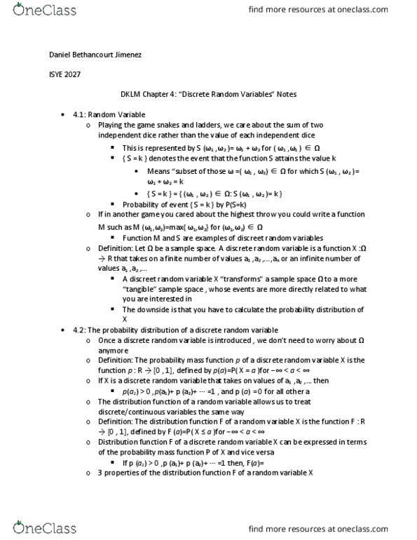 ISYE 2027 Chapter Notes - Chapter 4: Probability Mass Function, Random Variable, Distribution Function thumbnail