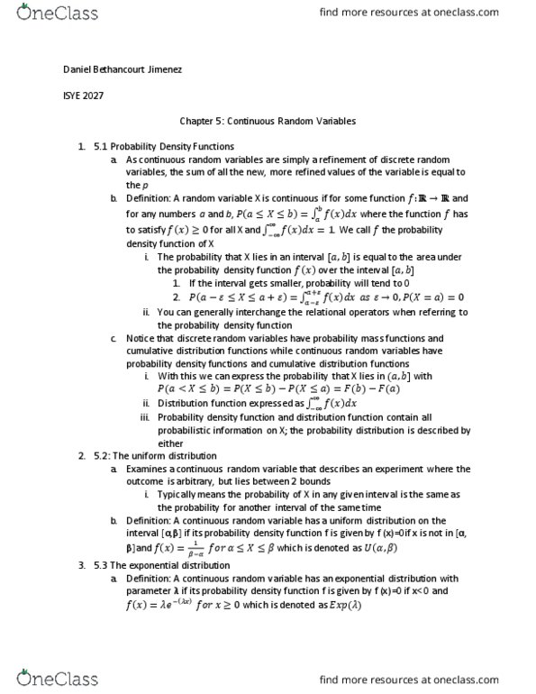 ISYE 2027 Chapter Notes - Chapter 5: Random Variable, Distribution Function, Probability Mass Function thumbnail