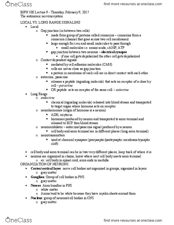 BIPN 100 Lecture Notes - Lecture 9: Glossopharyngeal Nerve, Sensory System, Homeostasis thumbnail