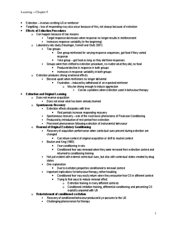 PS261 Chapter Notes - Chapter 9: Overtraining, Fear Conditioning, Conditioned Taste Aversion thumbnail