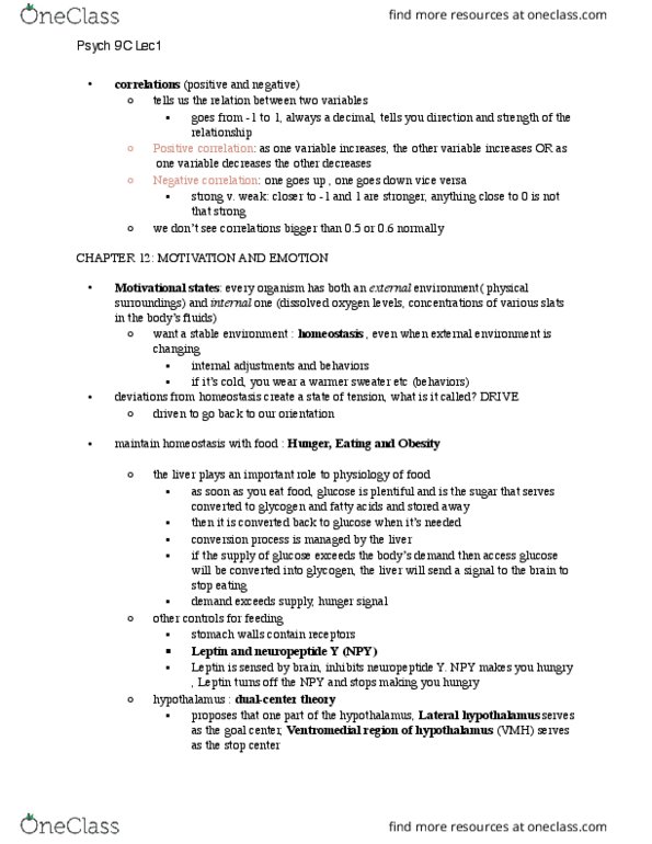 PSYCH 9C Lecture Notes - Lecture 1: Lateral Hypothalamus, Glycogen, Homeostasis thumbnail