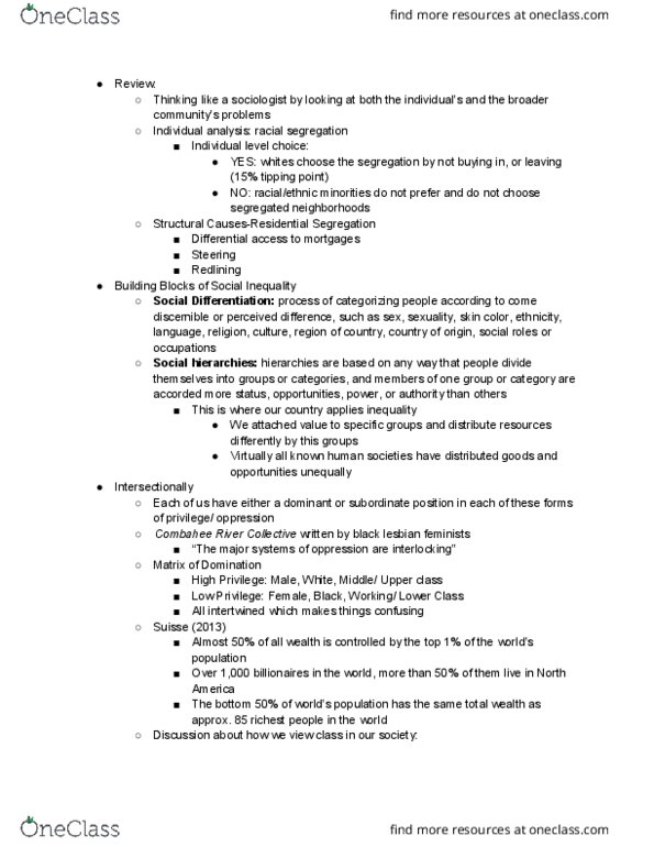 SOC 207 Lecture Notes - Lecture 3: Distribution Of Wealth, Redlining, Economic Inequality thumbnail