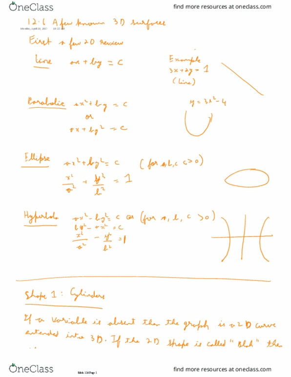 MATH 126 Lecture 6: 12.6 A few known 3D surface thumbnail