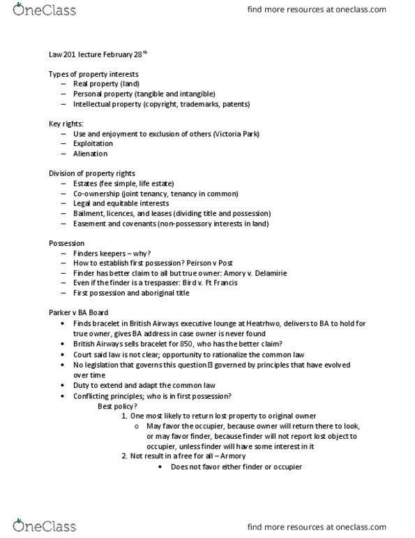 LAW 201 Lecture Notes - Lecture 5: Bailment, Fee Simple, Easement thumbnail