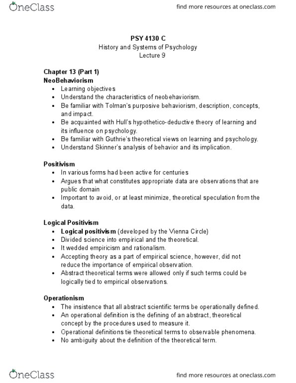 PSY 4130 Lecture Notes - Lecture 9: Cognitive Map, Operational Definition, Psy thumbnail