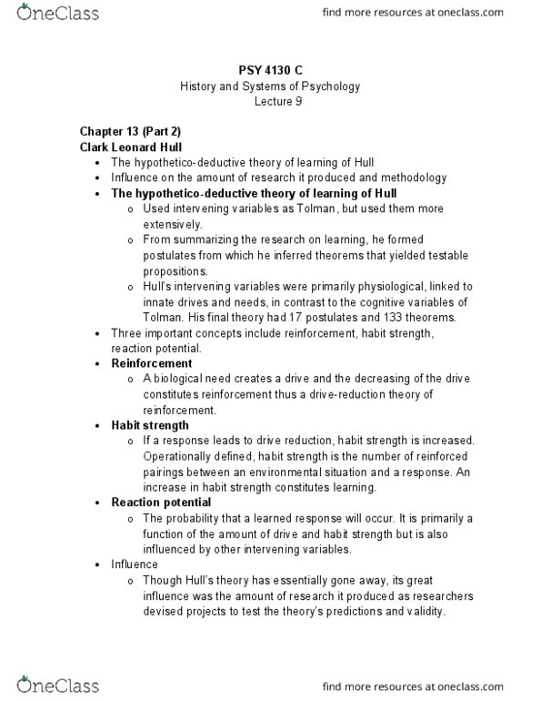 PSY 4130 Lecture Notes - Lecture 9: Clark L. Hull, Operant Conditioning, Functional Analysis thumbnail