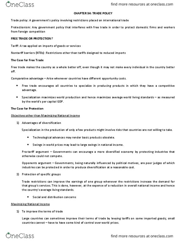 ECON 295 Chapter Notes - Chapter 20: Market Power, Comparative Advantage, Protectionism thumbnail