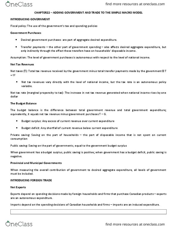 ECON 295 Chapter Notes - Chapter 22: Fiscal Policy, Expenditure Function, Stabilization Policy thumbnail