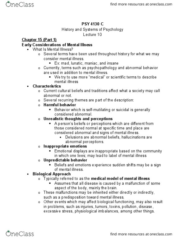 PSY 4130 Lecture Notes - Lecture 10: Psy, Bethlem Royal Hospital, Psychopathology thumbnail