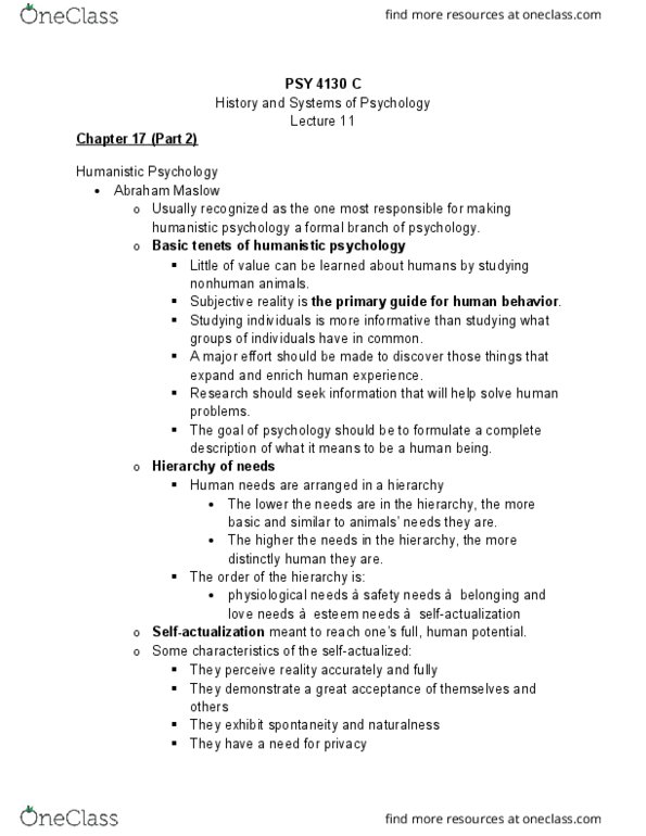 PSY 4130 Lecture Notes - Lecture 11: Humanistic Psychology, Psy, Positive Psychology thumbnail