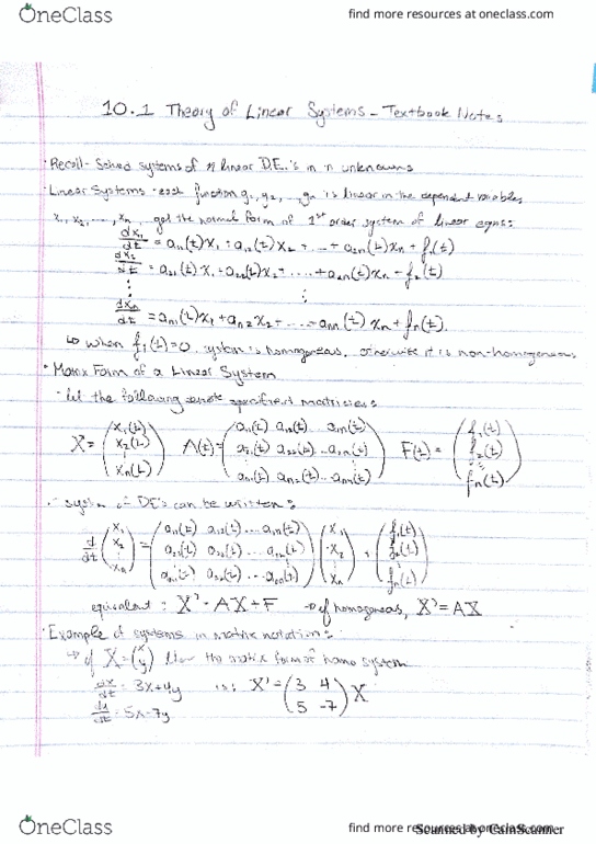 Applied Mathematics 2277A/B Chapter 10.1: AM 2277B Textbook Notes ch 10.1 - Linear Systems of ODE thumbnail