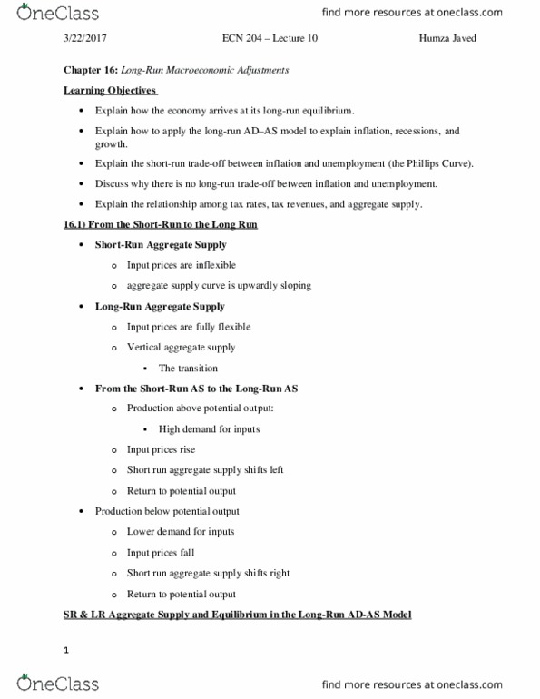 ECN 204 Lecture Notes - Lecture 10: Aggregate Supply, Potential Output, Laffer Curve thumbnail