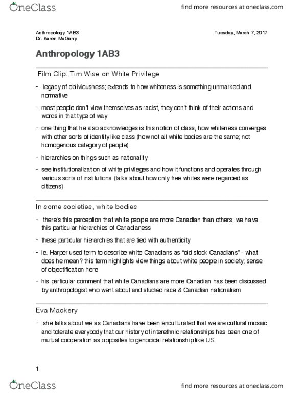 ANTHROP 1AB3 Lecture Notes - Lecture 12: Meritocracy, American Anthropologist, Canadian Nationalism thumbnail