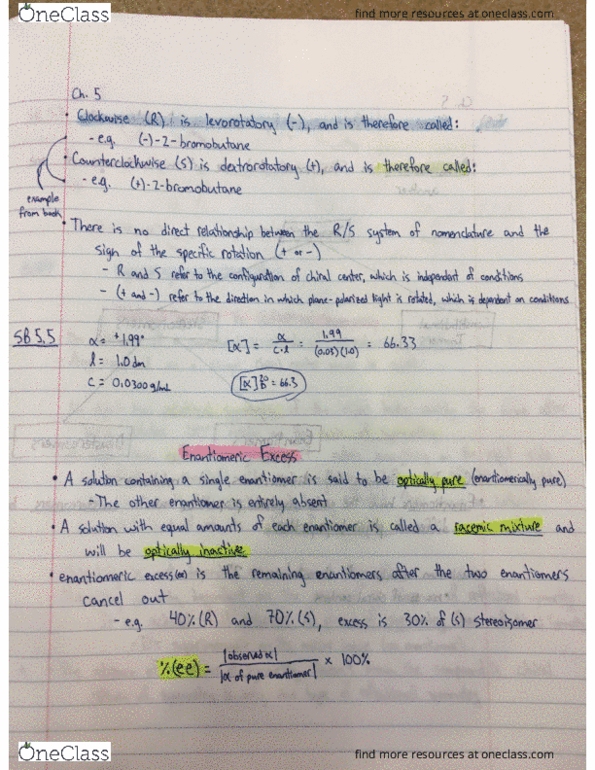 CHE 231 Chapter Notes - Chapter 5: Enantiomeric Excess, Dextrorotation And Levorotation thumbnail