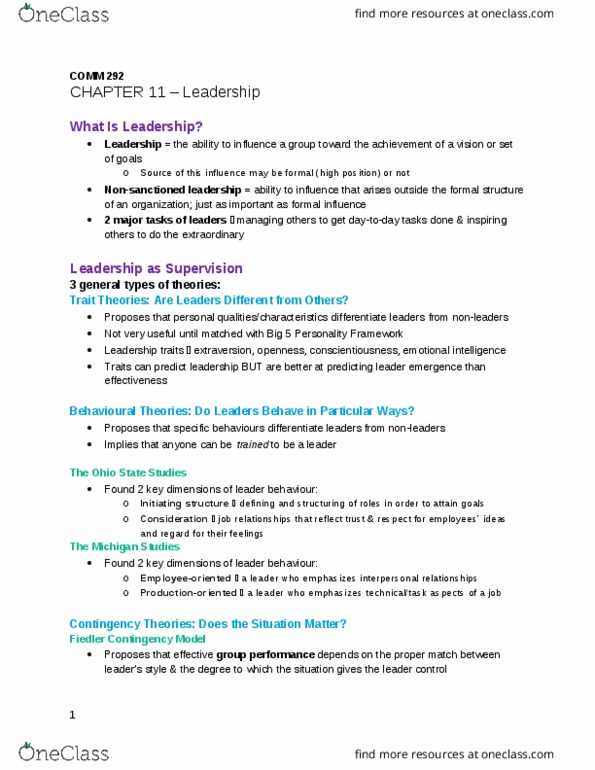 COMM 292 Chapter Notes - Chapter 11: Transformational Leadership, Situational Leadership Theory, Relationship Marketing thumbnail