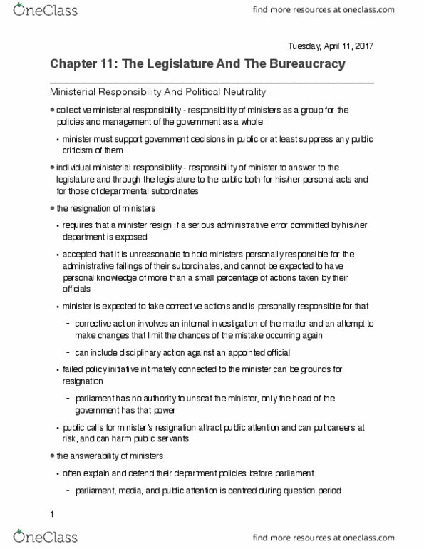 POLS 2250 Chapter Notes - Chapter 11: Individual Ministerial Responsibility, Cabinet Collective Responsibility, Elections Canada thumbnail