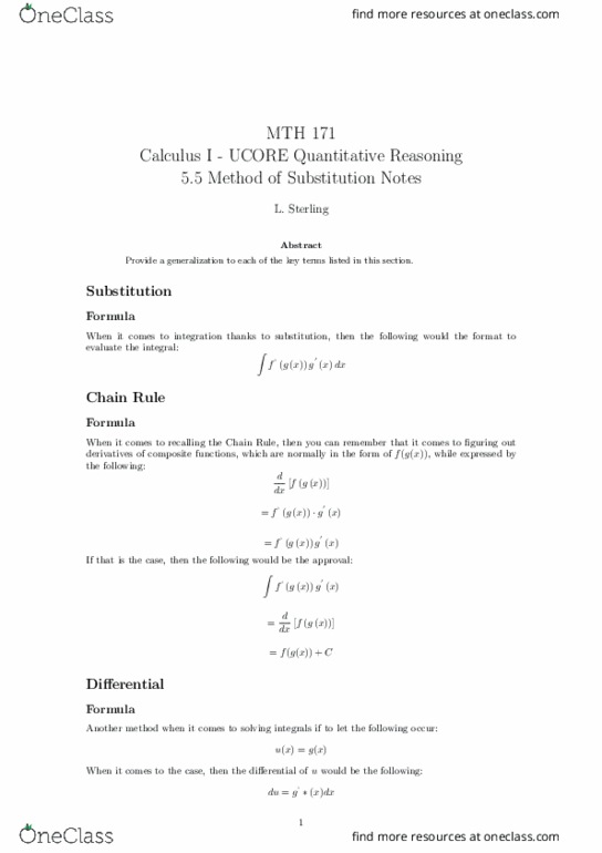 MTH 171 Lecture 31: 5.5 Method of Substitution Notes thumbnail