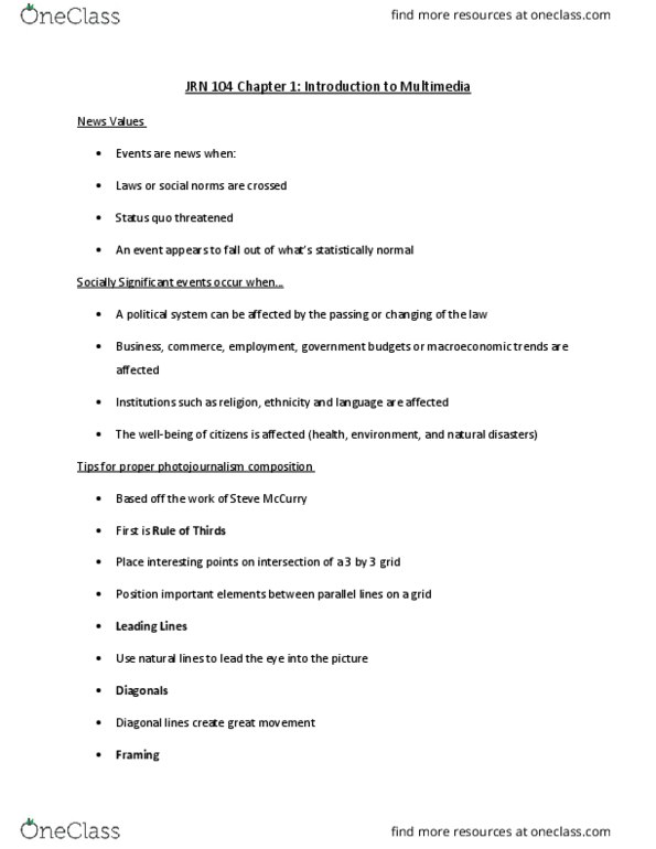 JRN 104 Lecture Notes - Lecture 1: Photojournalism, Status Quo, Steve Mccurry thumbnail