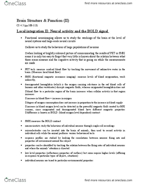 COGS 2160 Chapter Notes - Chapter CS 4.5 (pp.108-113): Pulse Oximetry, Brain Structure And Function, Visual Cortex thumbnail