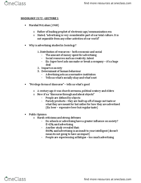 Sociology 2172A/B Lecture Notes - Lecture 1: Determinant, Marshall Mcluhan thumbnail