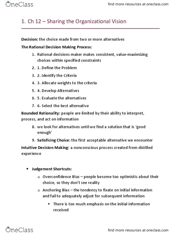 BUS 272 Chapter Notes - Chapter 12: Advocacy Group, Satisficing, Selective Perception thumbnail