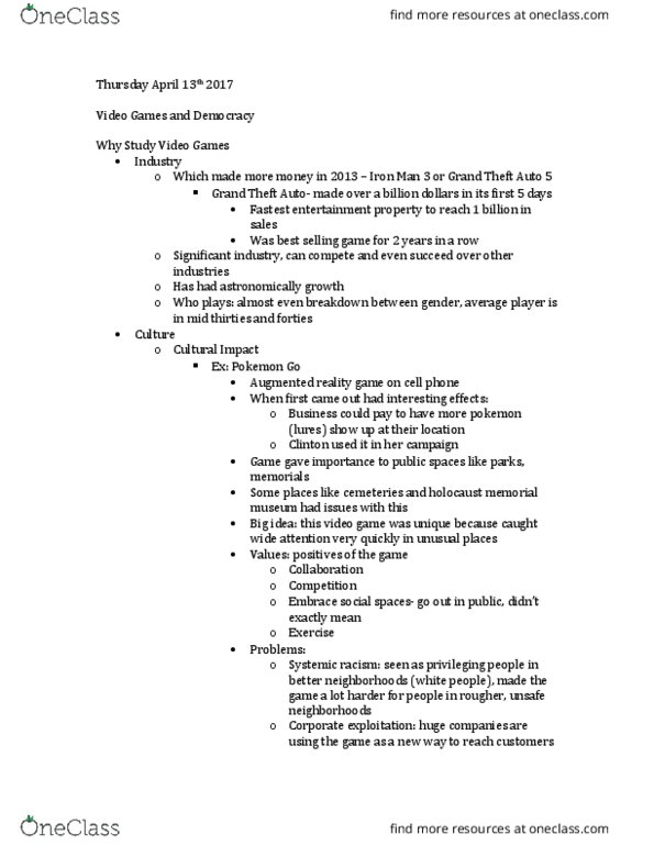 COMM 398 Lecture Notes - Lecture 9: Pokémon Go, Augmented Reality, Grand Theft Auto V thumbnail