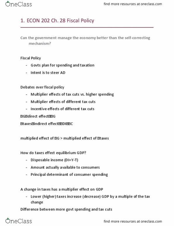 ECON 202 Lecture Notes - Lecture 8: Full Employment, Expenditure Function, Fiscal Multiplier thumbnail