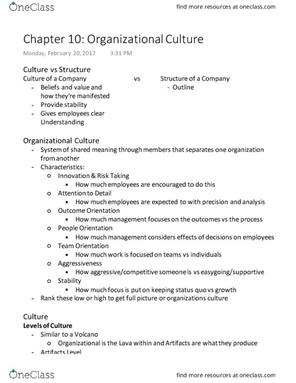 COMM 292 Chapter Notes - Chapter 10: Organizational Culture thumbnail