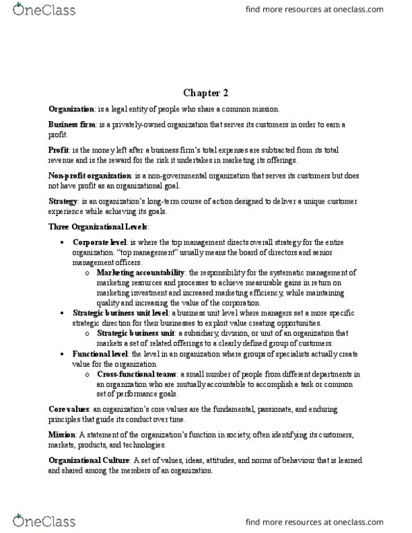 MCS 1000 Chapter Notes - Chapter 2: Strategic Business Unit, Customer Experience, Non-Governmental Organization thumbnail