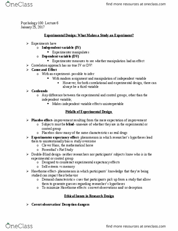 PSYS 100 Lecture Notes - Lecture 6: Descriptive Statistics, Statistical Inference, Random Assignment thumbnail