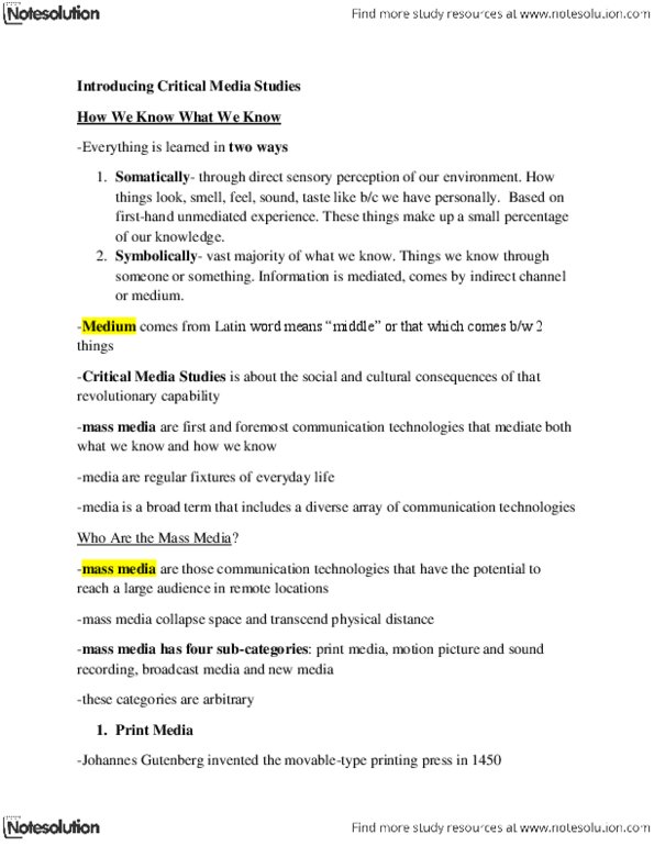 MDSA01H3 Lecture Notes - Philo Farnsworth, Marshall Mcluhan, Johannes Gutenberg thumbnail
