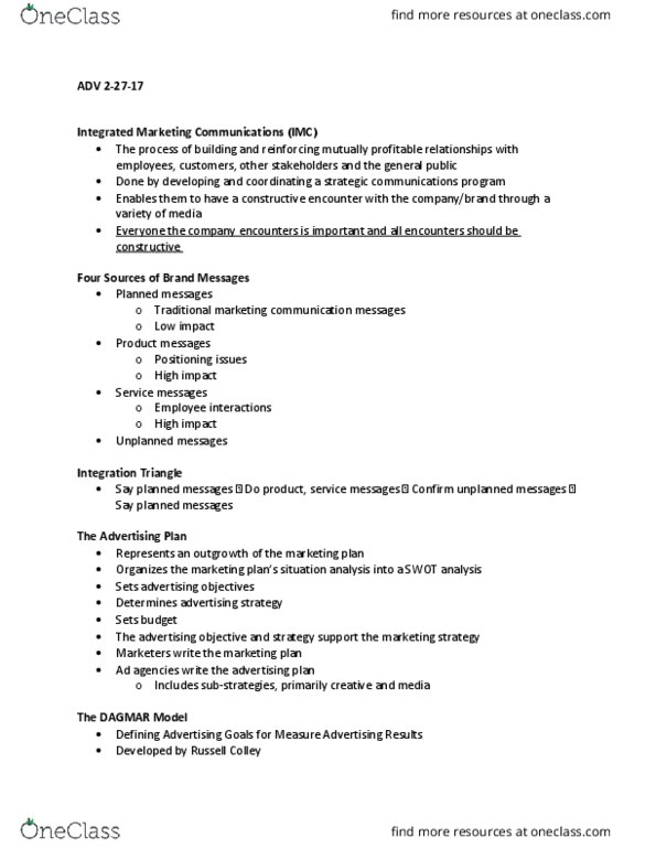 ADV 205 Lecture Notes - Lecture 15: Integrated Marketing Communications, Swot Analysis, Dagmar Marketing thumbnail