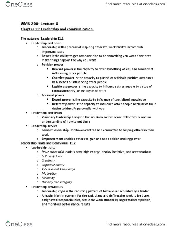 GMS 200 Lecture Notes - Lecture 11: Transformational Leadership, Active Listening, Servant Leadership thumbnail