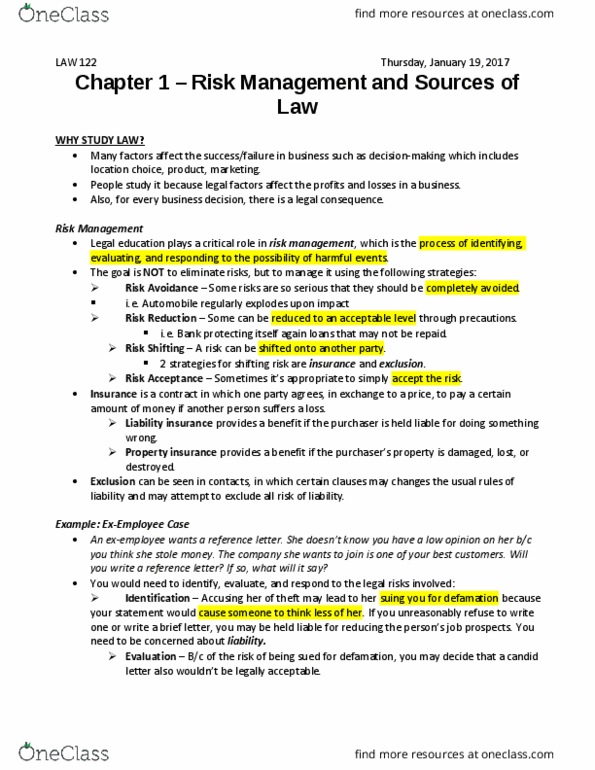 LAW 122 Lecture Notes - Lecture 1: Property Insurance, Primary And Secondary Legislation, Critical Role thumbnail
