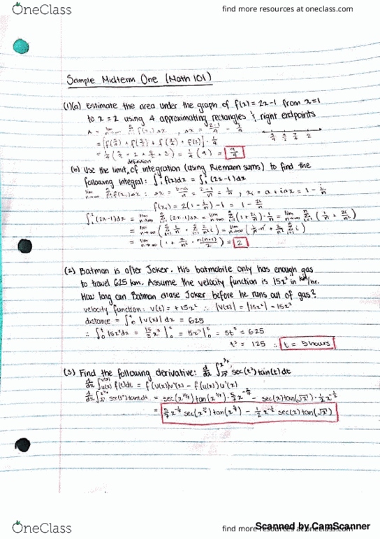 MATH 101 Midterm: Sample Midterm #1 Questions & Answers (4.9, 5.1, 5.2 ...