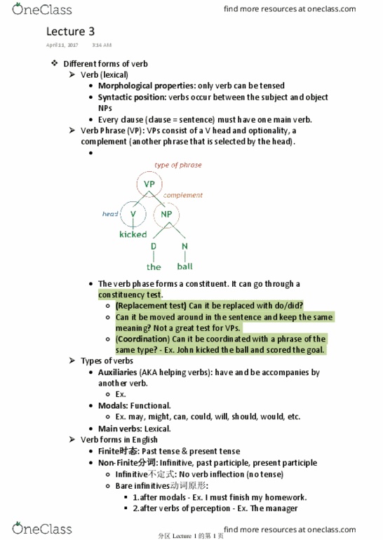 LINGUIST 1ZZ3 Lecture Notes - Lecture 3: Present Continuous, Complementary Distribution, Present Perfect thumbnail