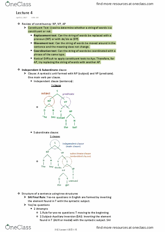 LINGUIST 1ZZ3 Lecture Notes - Lecture 4: Independent Clause, Dependent Clause, Tag Question thumbnail