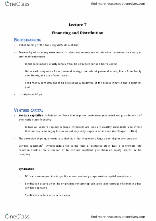 Management and Organizational Studies 1023A/B Lecture Notes - Lecture 7: Seed Money, Venture Capital Financing, Tender Offer thumbnail