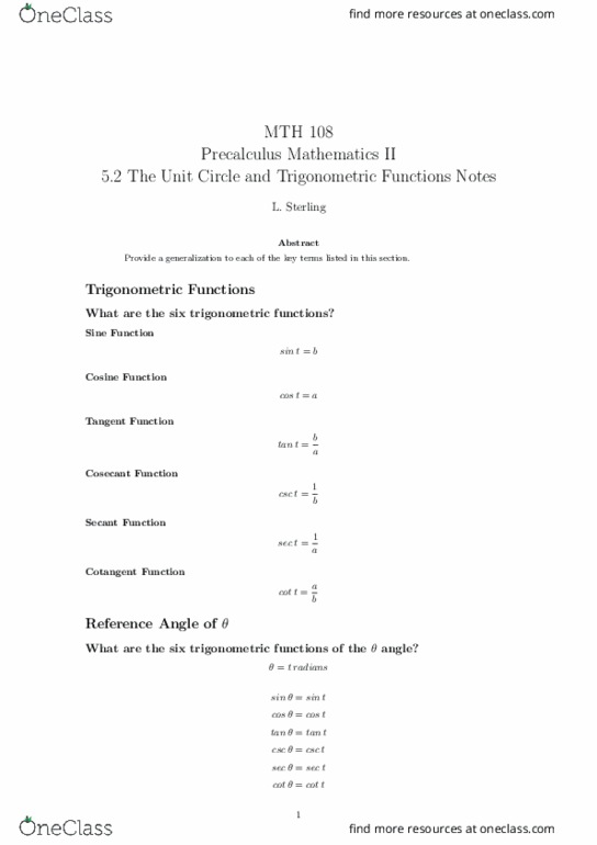 MTH 108 Lecture Notes - Lecture 3: Unit Circle, Precalculus thumbnail