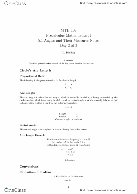 MTH 108 Lecture Notes - Lecture 2: Central Angle, Radian, Precalculus thumbnail