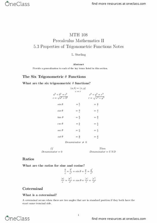 MTH 108 Lecture Notes - Lecture 4: Precalculus thumbnail