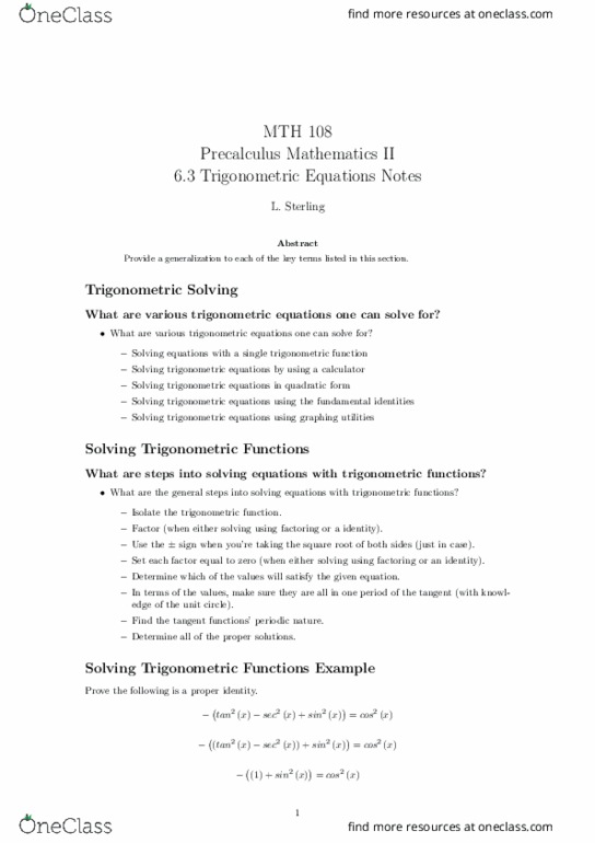 MTH 108 Lecture Notes - Lecture 10: Unit Circle, Precalculus thumbnail