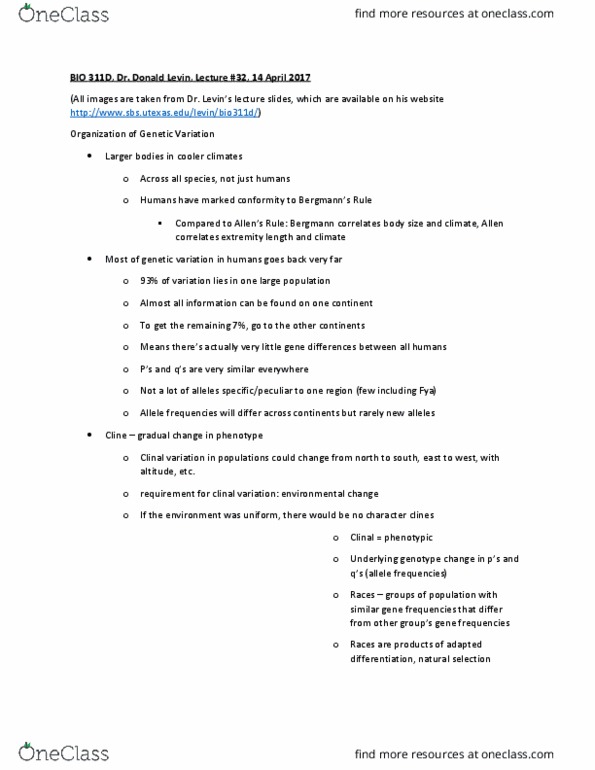 BIO 311D Lecture Notes - Lecture 32: Allele Frequency, Allele, Ethology thumbnail