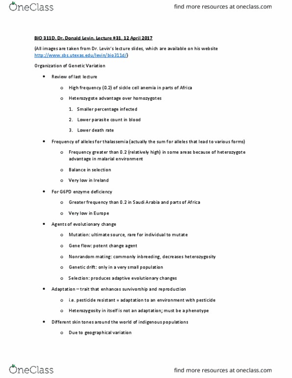 BIO 311D Lecture Notes - Lecture 31: Vitamin D Deficiency, Heterozygote Advantage, Zygosity thumbnail