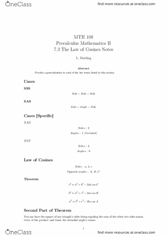 MTH 108 Lecture Notes - Lecture 17: Precalculus thumbnail