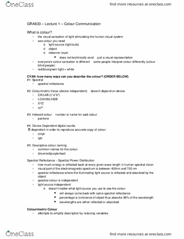 GRA 633 Lecture Notes - Lecture 1: Reflectance, Chromaticity, Cie 1931 Color Space thumbnail