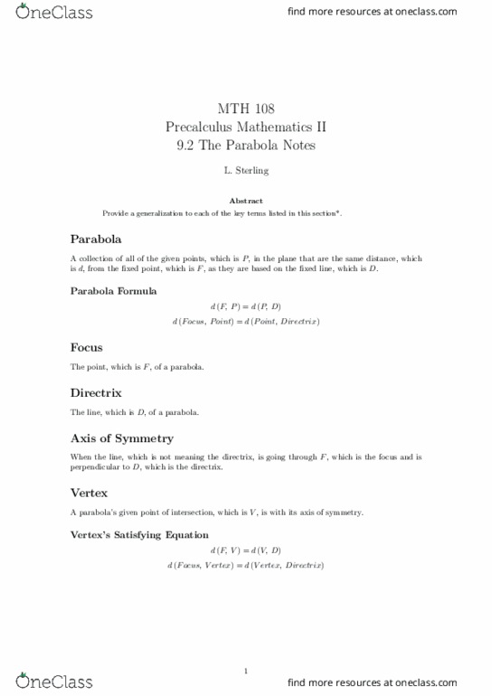 MTH 108 Lecture Notes - Lecture 25: Paraboloid, Precalculus, Joule thumbnail