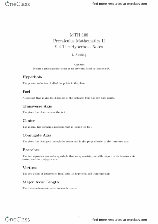 MTH 108 Lecture Notes - Lecture 27: Hyperbola, Precalculus thumbnail