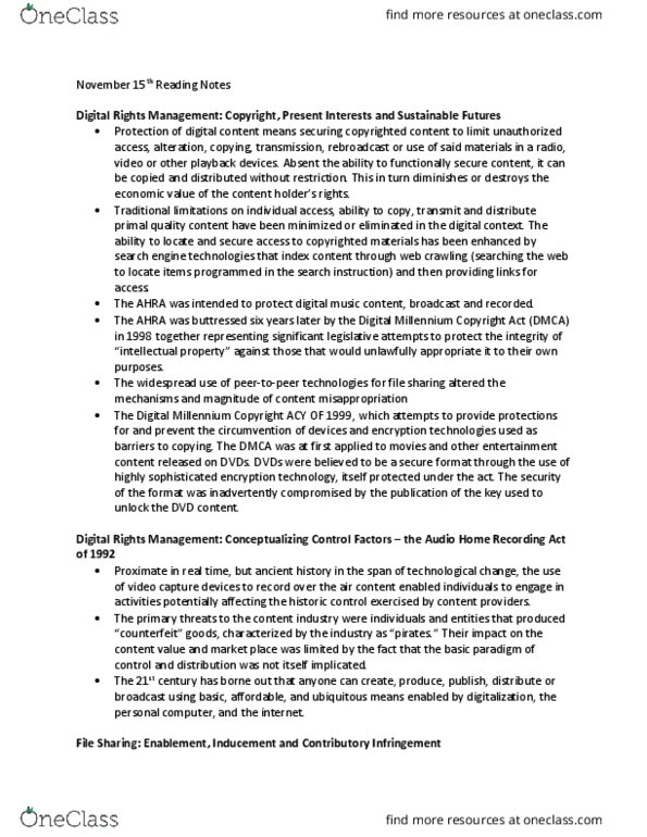 PUBPOL 373 Lecture Notes - Lecture 13: Digital Millennium Copyright Act, Audio Home Recording Act, Digital Rights Management thumbnail