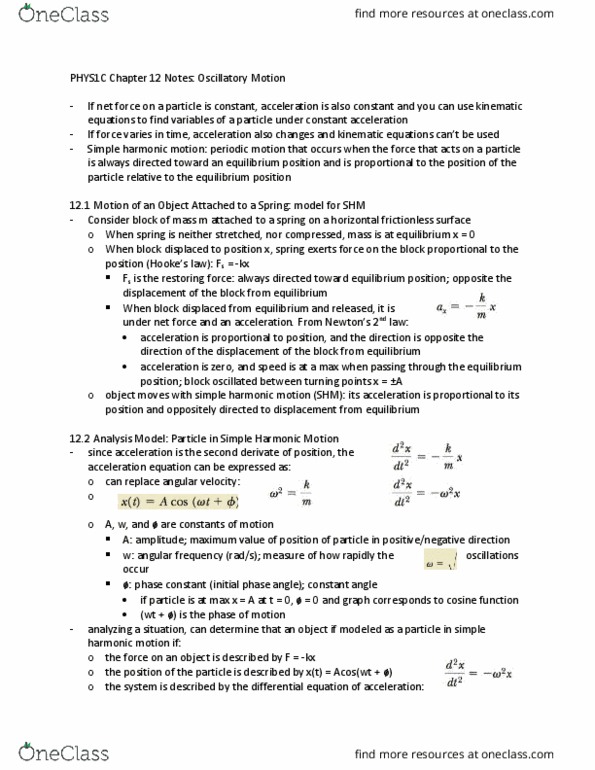 PHYS 1C Chapter Notes - Chapter 12: Simple Harmonic Motion, Angular Velocity, Propagation Constant thumbnail